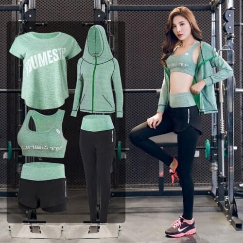 Plus size women sports 5PCS set quick dry yoga high waist pants+shorts+t shirt+bra+coats fitness gym clothing outdoor sets 3XL