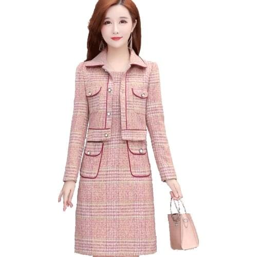 Womens Spring Two-piece Suit Loose Small Fragrant Short Jacket + Vest Dress Female Suit/Sets