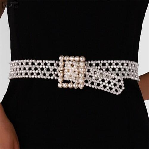 Faleto Women Pearl Waist Belt Elastic Wedding Bridal Belt with Rhinestone Crystal Sash Bridesmaid Dress Belt Elegant Waistband