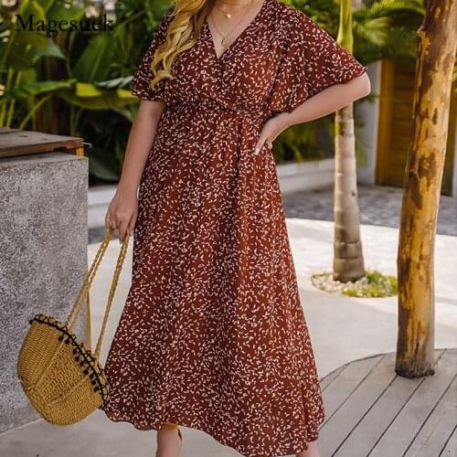 Floral 2021 Summer Women Chiffon Dress Print Ruffle V-neck Slim Dress for Women Casual High Waist Loose Long Dress Vestido 15084