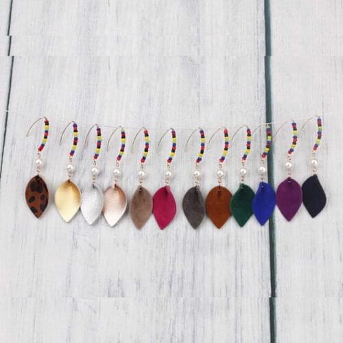 ZWPON Colorful Seed Beaded Suede Leather Mini Leaf Drop Earrings Women Fashion Summer Soft Leather Earrings Jewelry Wholesale