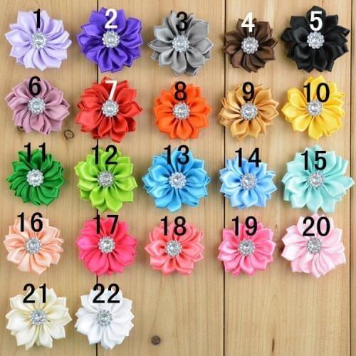 100 pcs/lot 22 colors DIY Ribbon handmade flowers with rhinestone center