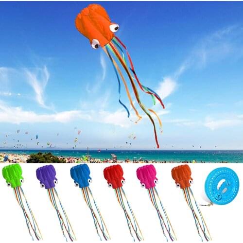 4m 13ft Length Portable Soft Funny Cartoon Octopus Style Kite Foldable Inflatable with 30m 98ft Flying String for Children Adult