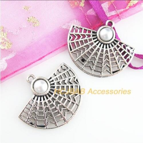 8 New Fan Charms Tibetan Silver Tone Retro Sector White Acrylic Pendants 26x30mm