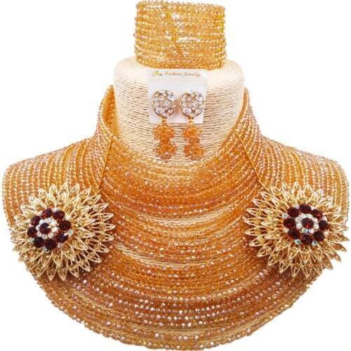 ACZUV 25 Rows 4mm Champagne Gold AB African Jewelry Set Nigerian Wedding Beads Necklace 25C-003