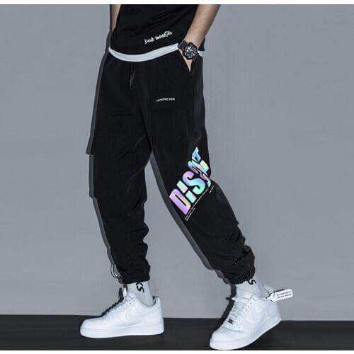 Mens Cargo Pants Streetwear Reflective Letters Joggers Men Trousers Harem Pants Casual Kpop Men Clothing Elastic Waist Men Pant