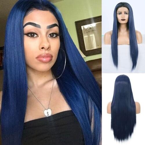 RONGDUOYI Long Silky Straight Wigs for Women Synthetic Lace Front Wig High Temperature Fiber Lace Wigs Ombre Blue Cosplay Wig