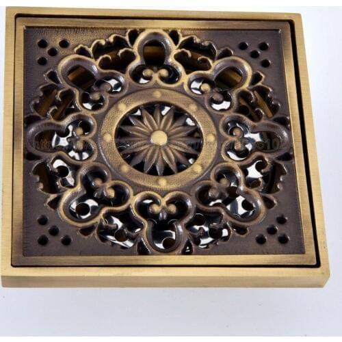 Floor Drains Antique Brass Shower Floor Drain Bathroom Deodorant Euro Square Floor Drain Strainer Cover Grate Waste zhr082