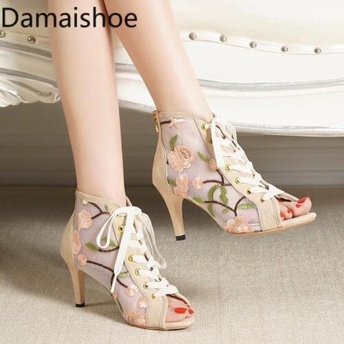 European and American High Heel 2021 Summer New Boots Mesh Hollow-out Lace Flower Embroidery Thread Lace Fish Mouth Sandal Boots