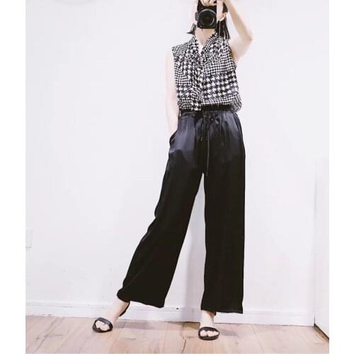 F) Silk Silk Satin Womens Wide-Legged Pants High-Waisted Show Thin Black Womens Pants