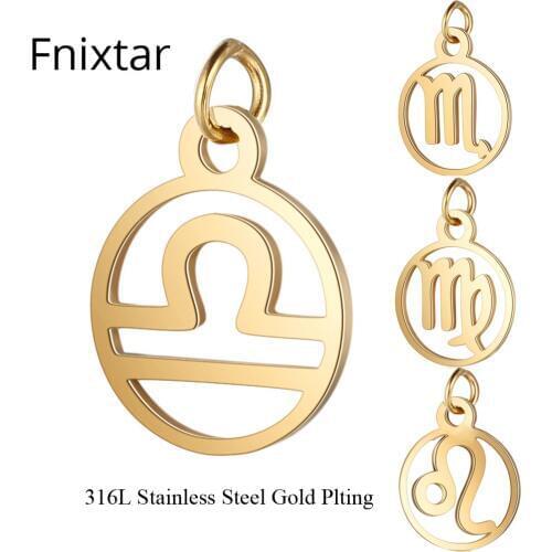 Fnixtar 5pcs/lot Fashion Stainless Steel 12 Signs Zodiac Metal Charms Twelve constellations 11*16mm Gold Color Zodiac Pendants