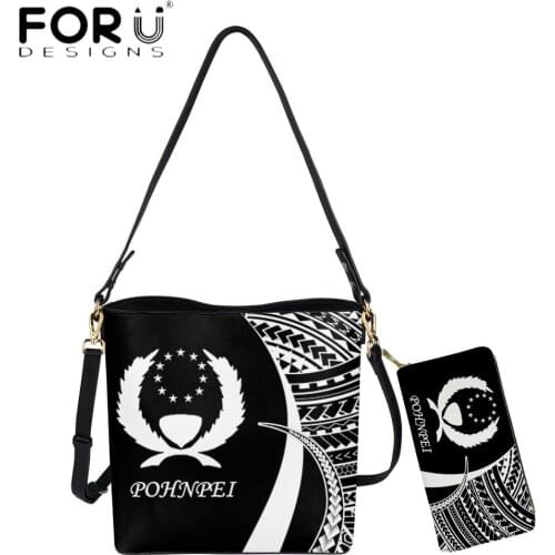 FORUDESIGNS Women Shoulder Bag And Wallets Pohnpei Polyensian Pattern 3D Print Casual Beach PU Leather Bucket Handbag Sac