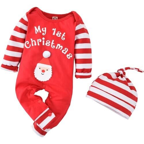 2020 Fall Christmas Toddler Baby Girls Boys Clothing Set Infant Striped Long Sleeve My 1st Xmas Print Romper +Hat 0-18M Jumpsuit