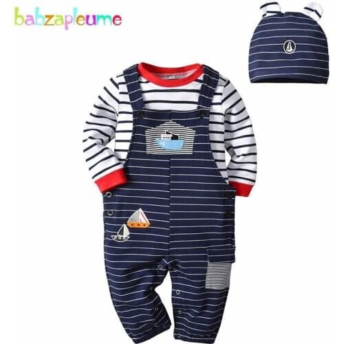 3Piece Sets Spring Newborn Outfits Baby Boys Clothes Cartoon Cute Cotton Stripe Long Sleeve Infant Bodysuits+Overalls+Hat BC1578