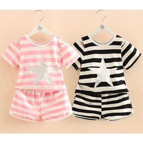 Girls Clothing Set 2021 Summer 2-10 Years Old Kids Girl Star Strip Print Wrap Shoulder T Shirt+Shorts Sports 2 Pcs Tracksuit Set