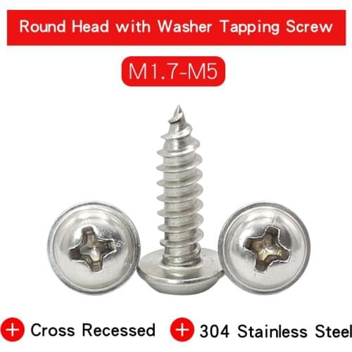 Cross Recessed Round head with washer micro self tapping screw M1.7 M2 M2.3 M2.6 M3 M4 M5 Stainless Steel Phillips Wood Screw