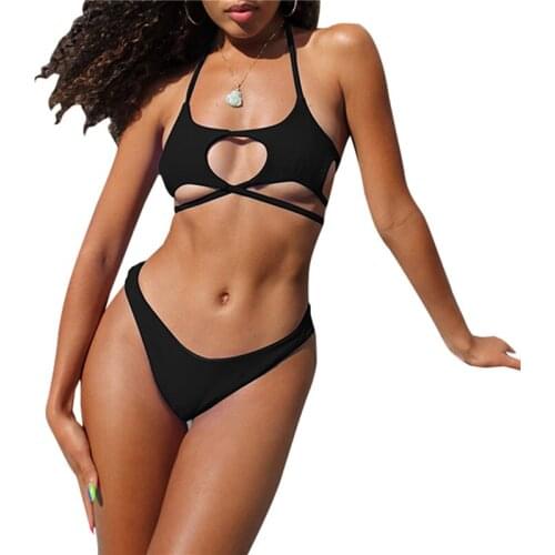 Swimsuit Women’s Solid Color 2Pcs Bikini Suit Low Neck Front Hollowed Bandage Halter Tops with Triangle Bottoms Bikini