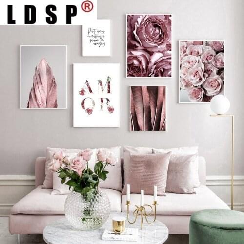 LDSP Modern Minimalist Home Decoration Nordic Pink Rose Flower Feather Letter Canvas Painting Wall Art Print Poster Picture