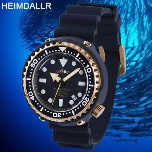 HEIMDALLR Mechanical Watch 1000M Mens Diver Watch Waterproof Golden Plated Black NH35A Automatic Watches PVD Coated Case Tuna