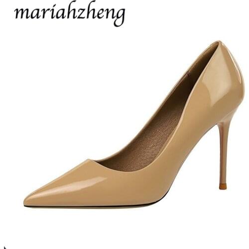 Meriahzheng 9.5CM Fashion Simple Stiletto High-heeled Patent Leather Shallow Mouth Pointed Sexy Professional OL Womens Shoes DS