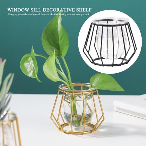 Mini Glass Geometric Terrarium Container With Metal Bracket Tabletop Glass Flower Pot Planter Desktop Home Decor DIY Display Box