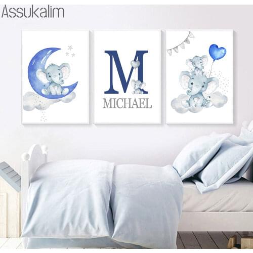 Baby Elephant Poster Moon Prints Custom Name Canvas Painting Blue Balloon Art Print Nordic Wall Pictures For Kids Room Decor