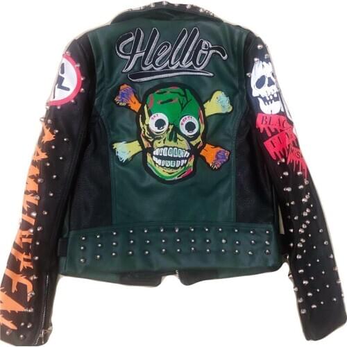 Spring New pu Leather Jacket Female Street Fashion Punk Rivet Graffiti Printing Short Locomotive Jacket For Women y934