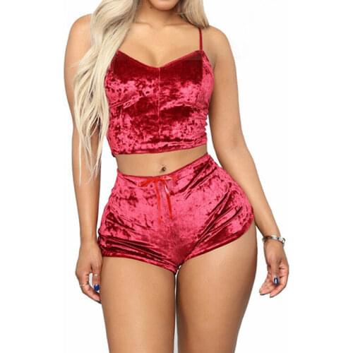 2020 New Fashion Women 2pcs Velvet Sleepwear Sexy Camisole Silky Smooth Shorts Sleeveless Pajama Set Ladies Sleepwear Female