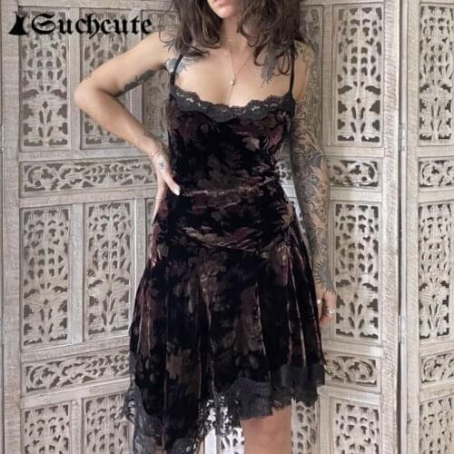 SUCHCUTE Velvet Grunge Fairycore Women Dress Vintage Lace Strapless Bodycon Dresses Party Clubwear Outfits Goth Sexy Mini Dress
