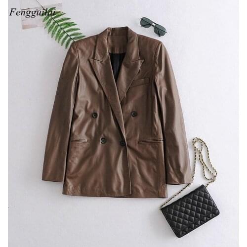 2021 Autumn Winter Women Oversized Faux Leather Blazer Female Long Sleeve Boy Friend Style Casual Jacket Suits