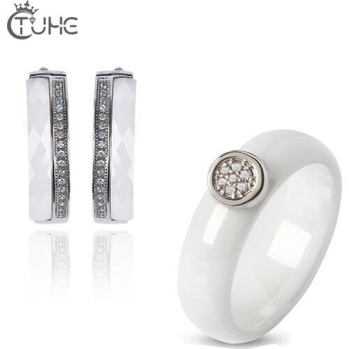 Luxury Ceramic Stud Earrings and Rings Sets Jewelry Stainless Steel Flash CZ Zircon Ear Studs Earrings Rings Jewelry For Women