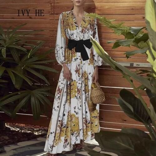 IVY HE Design Sense V-Neck Lantern Sleeve Floor Sweeping Dress Long Dress Holiday Dress Dresses For Women 2021 Beach Style
