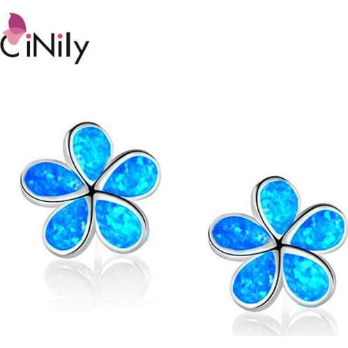 CiNily White & Blue Fire Opal Stud Earrings Silver Plated Flower Flora Gardenia Bohemia Boho Summer Chic Jewelry Gift Woman Gift