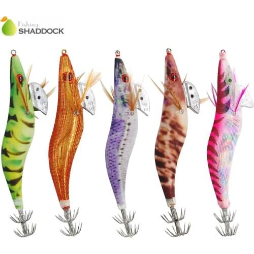 Shaddock Fishing 5pcs Hard Plastic Octopus Squid Jigs Lure Mixed Color Cuttlefish Artificial Bait Wood Shrimp With Squid Hooks