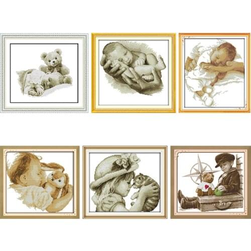 Stamped Cross Stitch Embroidery Needlework Kits Baby and His Doll Patterns 11CT 14CT Printed Counted Thread Craft Home Decor Set