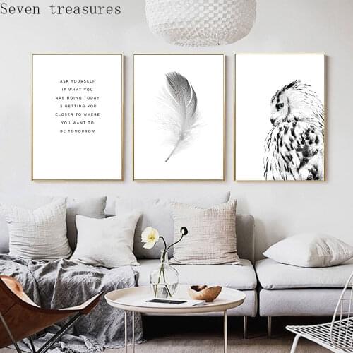 Nordic Black White Poster Owl Canvas Painting Feather Wall Art Print Quote For Living Room On The Wall Home Decor Modern Picture