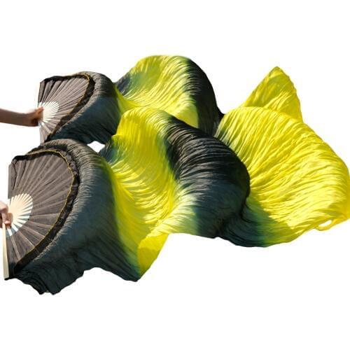 2018 High selling 100% Real Silk Fans 1 Pair handmade women Quality Silk Belly Dance Fans Dance Black + yellow + black + yellow