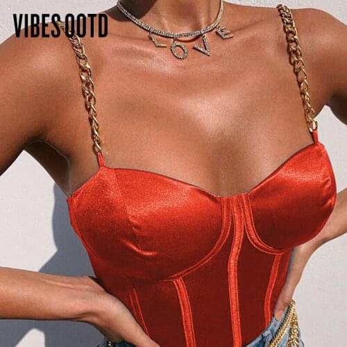 VIBESOOTD Sleeveless Chain Satin Summer Crop Tops for Women Sexy Backless Bralette Short Cropped Strapless Feminino Tops