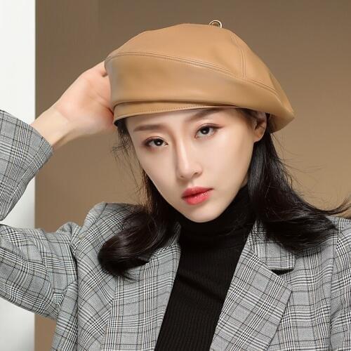 H7692 Women Beret Hat Female British Retro PU Leather Fashion Cap Autumn Winter Korean High Quality Simple Casual Shopping Hats
