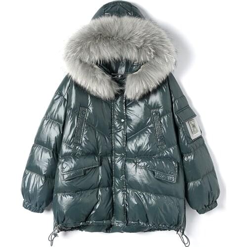 Korean Bright Face Big Fur Collar White Down Jacket Women 2021 Winter Jackets For Women Loose Thick Warm Hooded Jacket Female