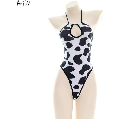 AniLV Anime Cow Girl Halter One-piece Swimsuit Costume Summer Beach Dairy Cows Chest Hollow Bodysuit Swimwear Uniform Cosplay