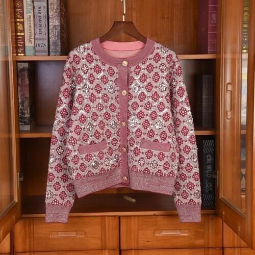 2021 Spring High Quality Women Sequined Knitted Beading Jacquard Cardigans Female Fashion Sweater