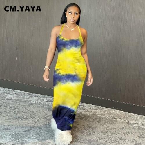 CM.YAYA Women Long Dress Print Spaghetti Strap O-neck Sheath Elastic Floor Length Dresses Female High Street Fashion Sexy Outfit