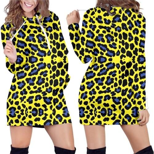 IFPD Women Hoodie Dress 3D Yellow Leopard Print Fall Long Hoodie Sweatshirts Harajuku Animal Casual Famale Long Sleeve Pullover