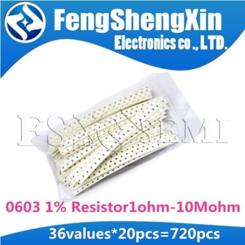 36valuesX20pcs=720pcs 0603 1ohm-10Mohm SMD Resistor Kit Assorted Kit 1% component diy samples kit