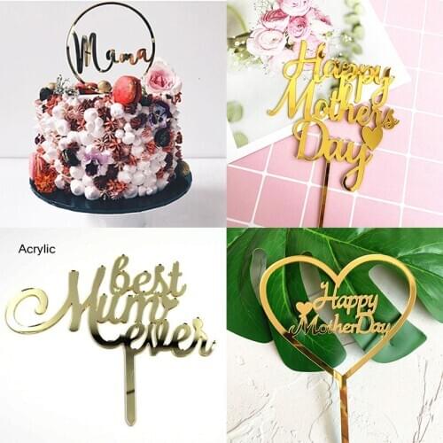 Mama Mothers Day Acrylic Cake Topper Gold Mum Birthday Cupcake Toppers Flags for Mothers Day Birthday Party Cake Decorations
