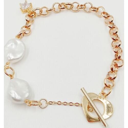 Free shipping,KESHI baroque PEARL BRACELET,100% nature freshwater pearl bracelet with crystal star beads, 18k gold plating chain