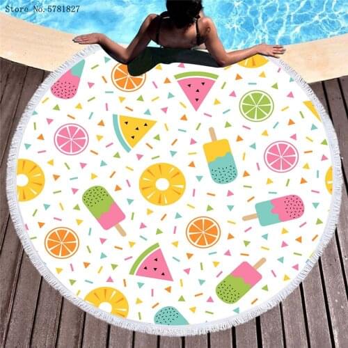 Watermelon Large Round Beach Towel Ice Cream Bath Towel Swimming Cover Yoga Mat Donuts Quicksand Pattern Microfiber Shower