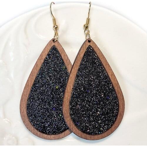 Cpop Color Glitter Leather Earrings for Women Teardrop Wood Pendant Water Drop Earrings Fashion Texture Jewelry Gift Wholesale