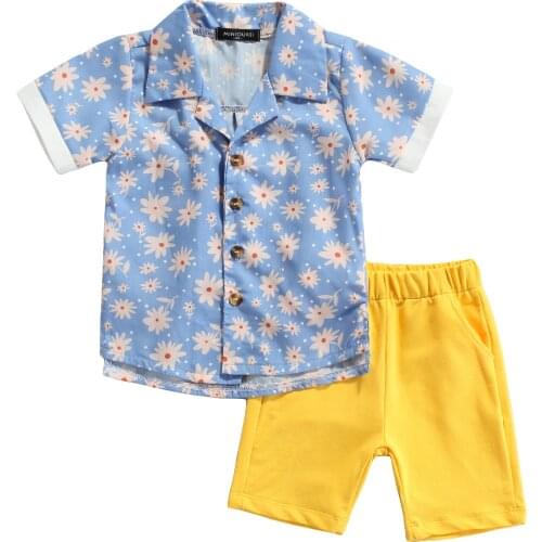 2 Pieces Kids Suit Set, Summer Daisy Turn-Down Collar Short Sleeve Shirt+ Solid Color Shorts for Boys, 1-6 Years
